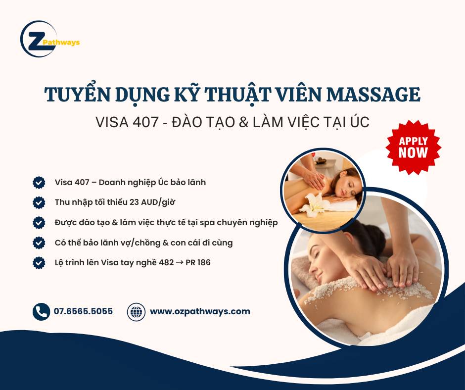 Tuyển Dụng Kỹ Thuật Viên Massage Làm Việc Tại Úc – Visa 407, Thu Nhập Tốt, Lộ Trình Định Cư Rõ Ràng