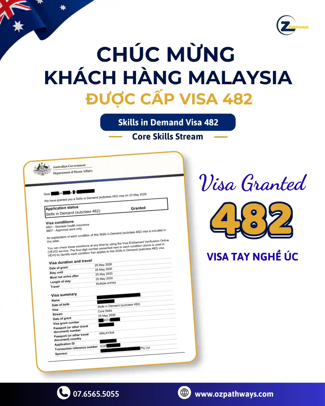 Oz Pathways chúc mừng khách hàng Malaysia được cấp Visa 482 Úc