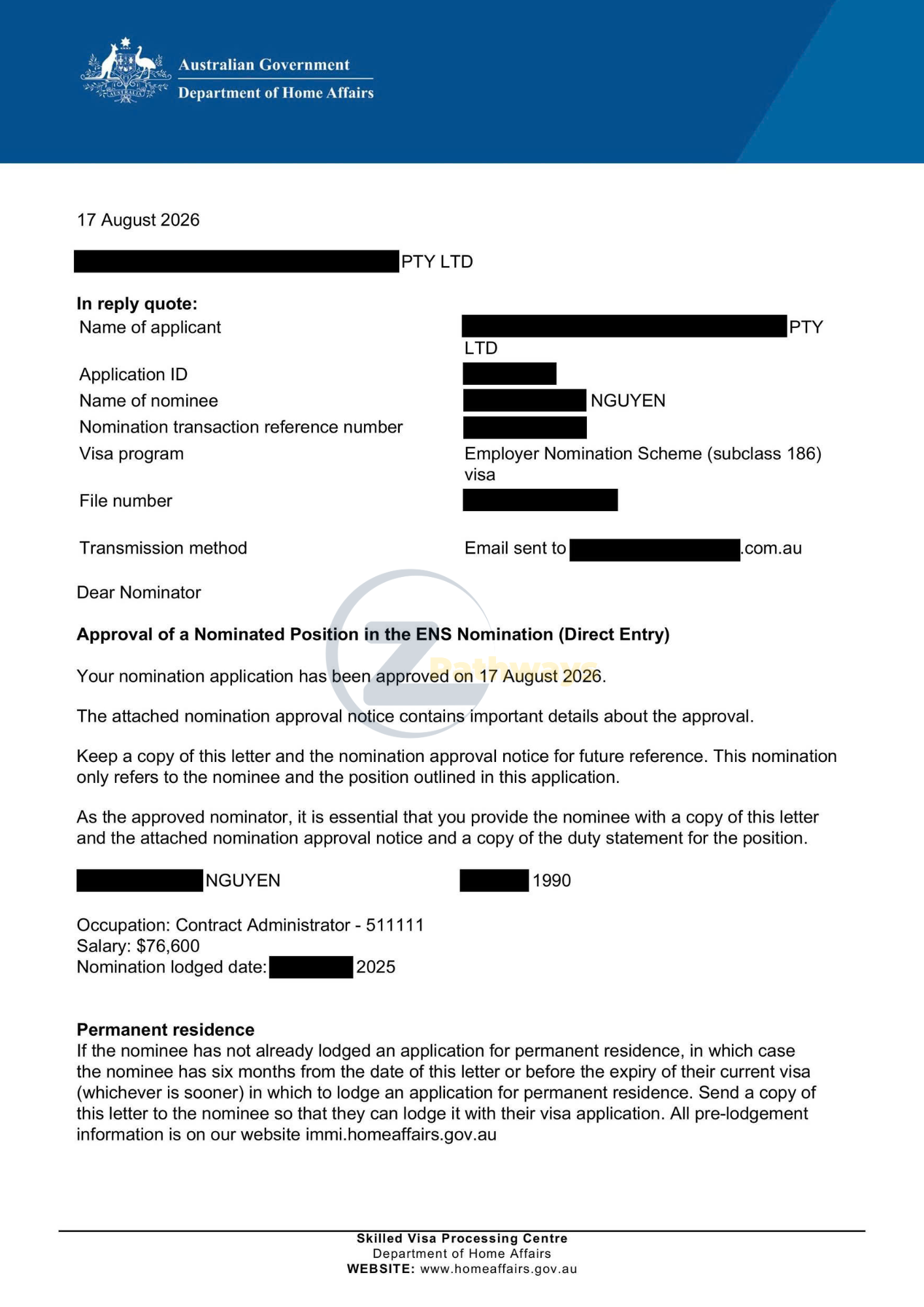 Visa 186 Direct Entry: Nomination Được Phê Duyệt 1